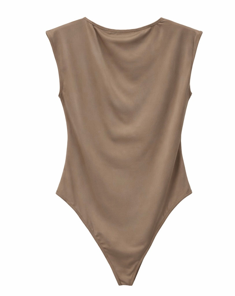 Elegant Draped Neck Bodysuit - Beige , Moccha brown