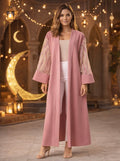 Sophisticated Open Abaya in Blush Pink with Embellished Sleeves