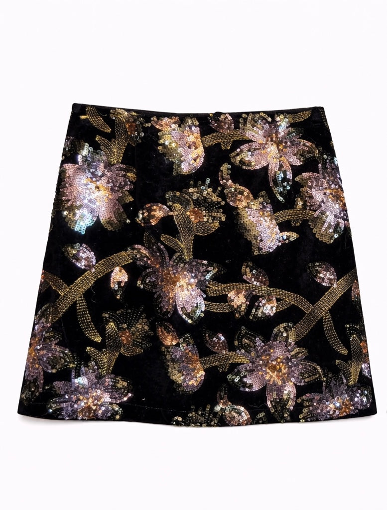 Black Velvet Sequin Floral Skirt