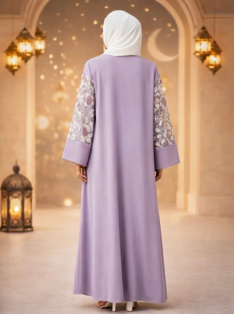 Signature Lilac Embellished Sleeve Open Abaya with Sheer Detail