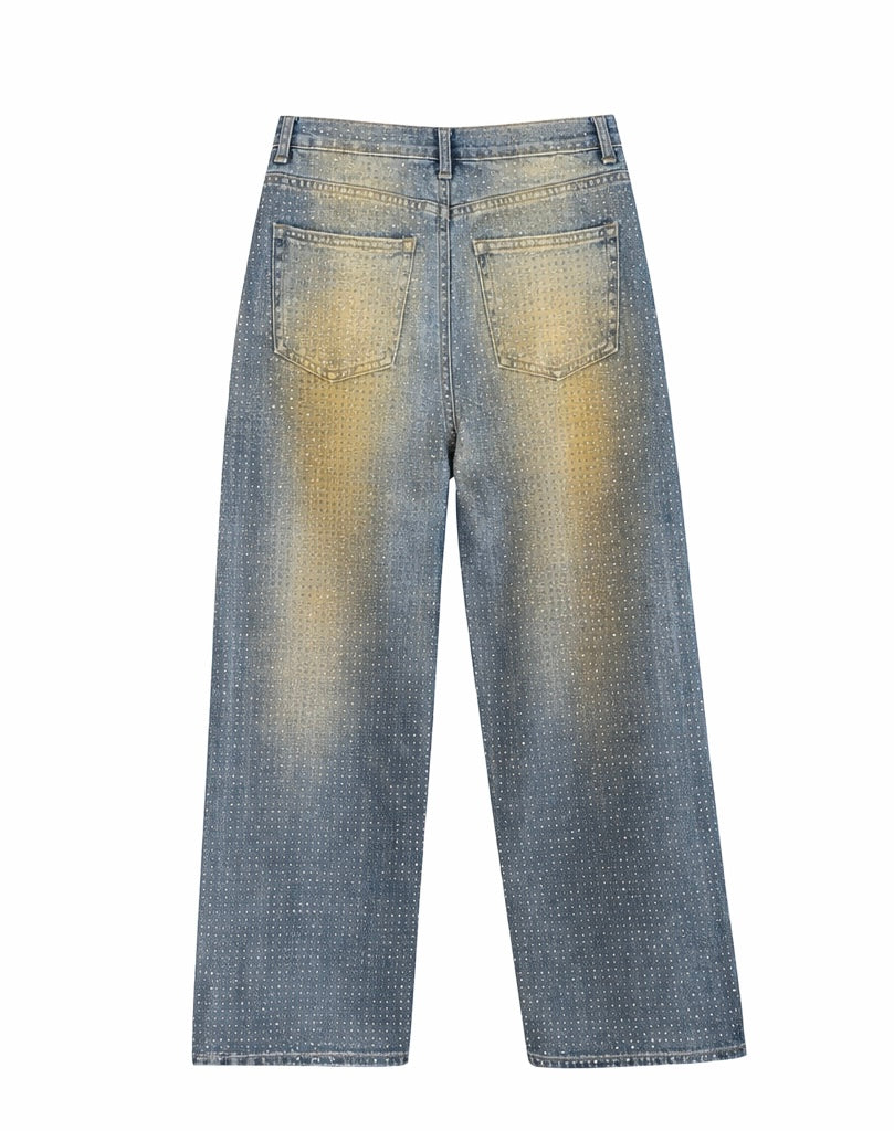 Rhinestone Detail Wide-Leg Denim Jeans