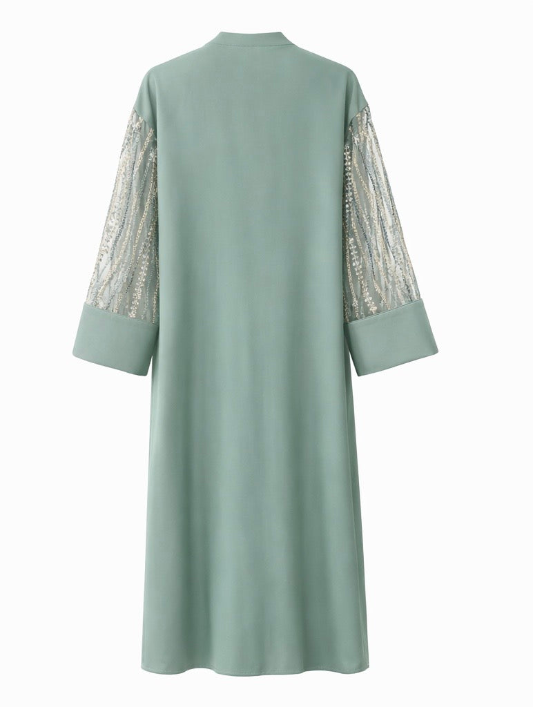 Refined Sage Green Open Abaya Featuring Delicate Sheer Sleeves