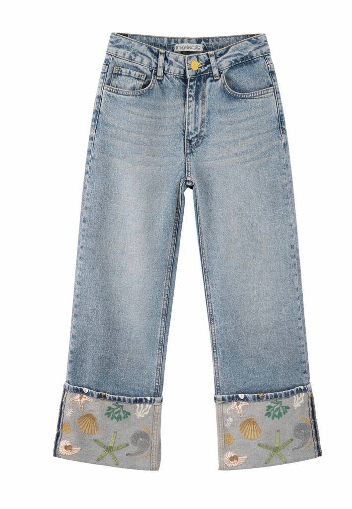 Seashell & Starfish Embroidered Cuff Jeans