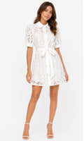 White Lace Short Dress with Waist Tie