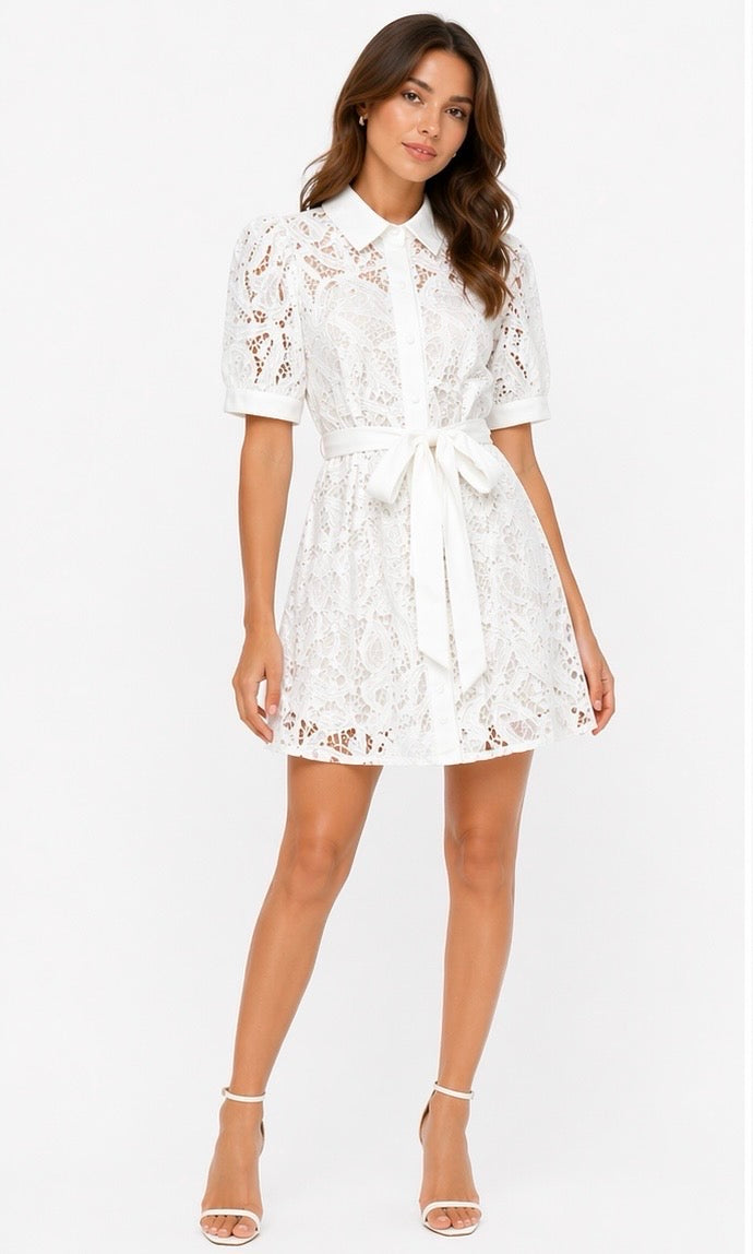 White Lace Short Dress with Waist Tie