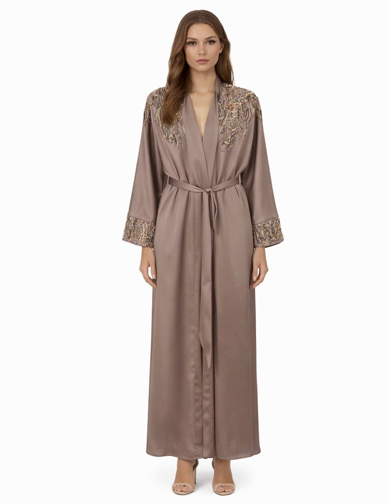 Taupe Satin Abaya with Hand Embellishment