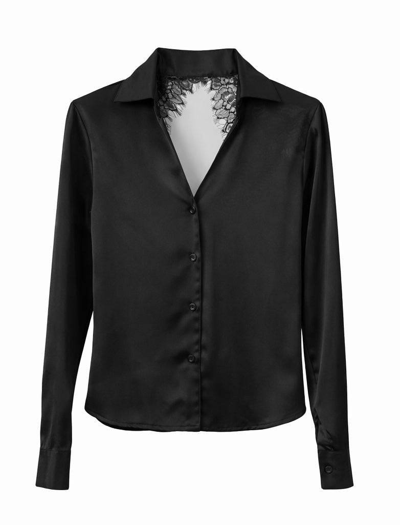 Satin Long Sleeve Lace Blouse - Black,white