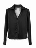 Satin Long Sleeve Lace Blouse - Black,white