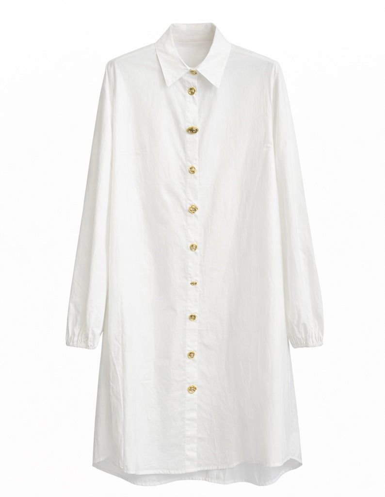 Long Chemise Shirt Dress with Gold Button Detail – White
