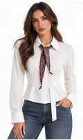 Belted Tie-Neck Peplum Shirt