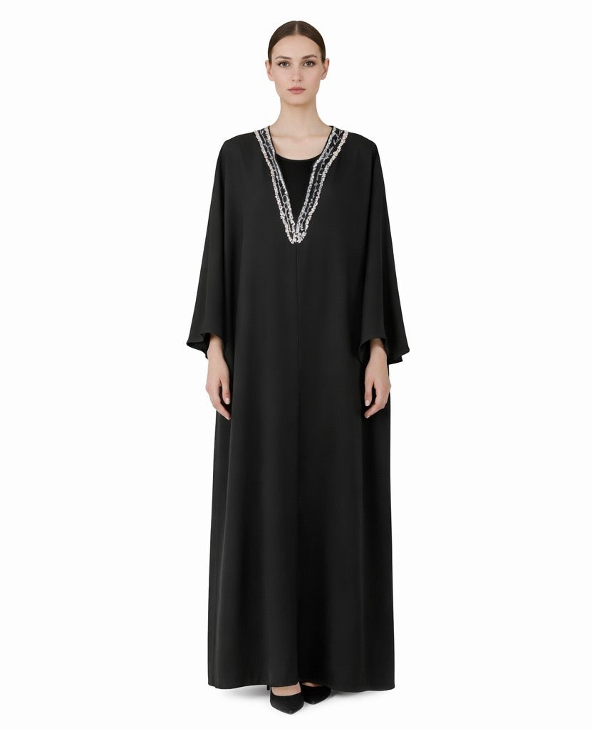 Beaded Neckline Black Kaftan Dress
