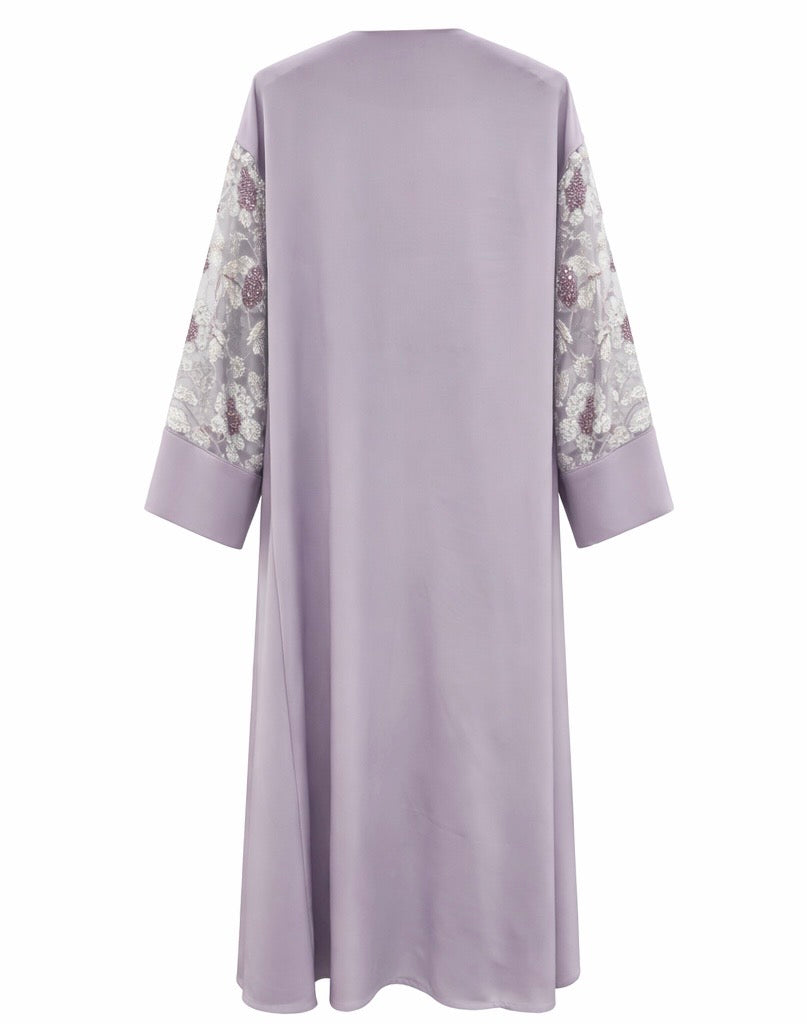 Signature Lilac Embellished Sleeve Open Abaya with Sheer Detail