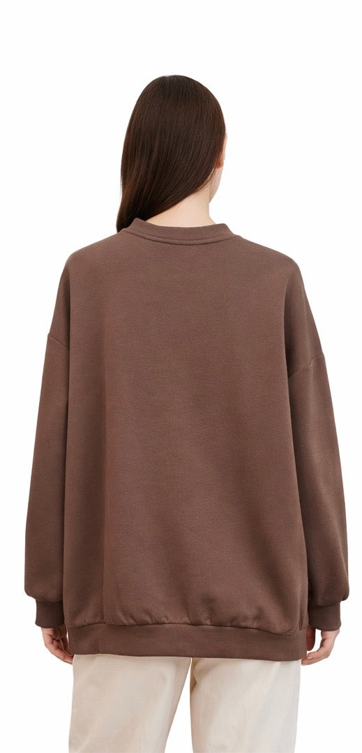 Embellished Floral Detail Brown Crewneck Sweatshirt