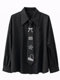 Button-Up Shirt with Rhinestone Tie - Black , White