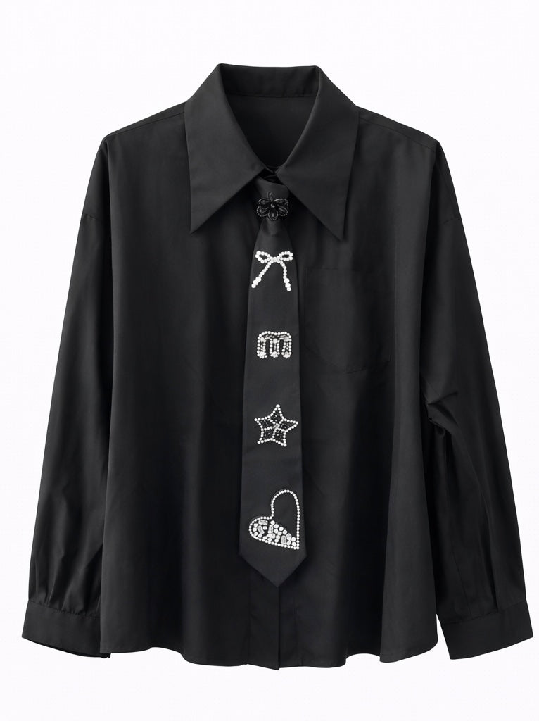 Button-Up Shirt with Rhinestone Tie - Black , White