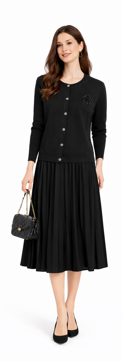 Black Knit Cardigan & Belted Pleated Dress