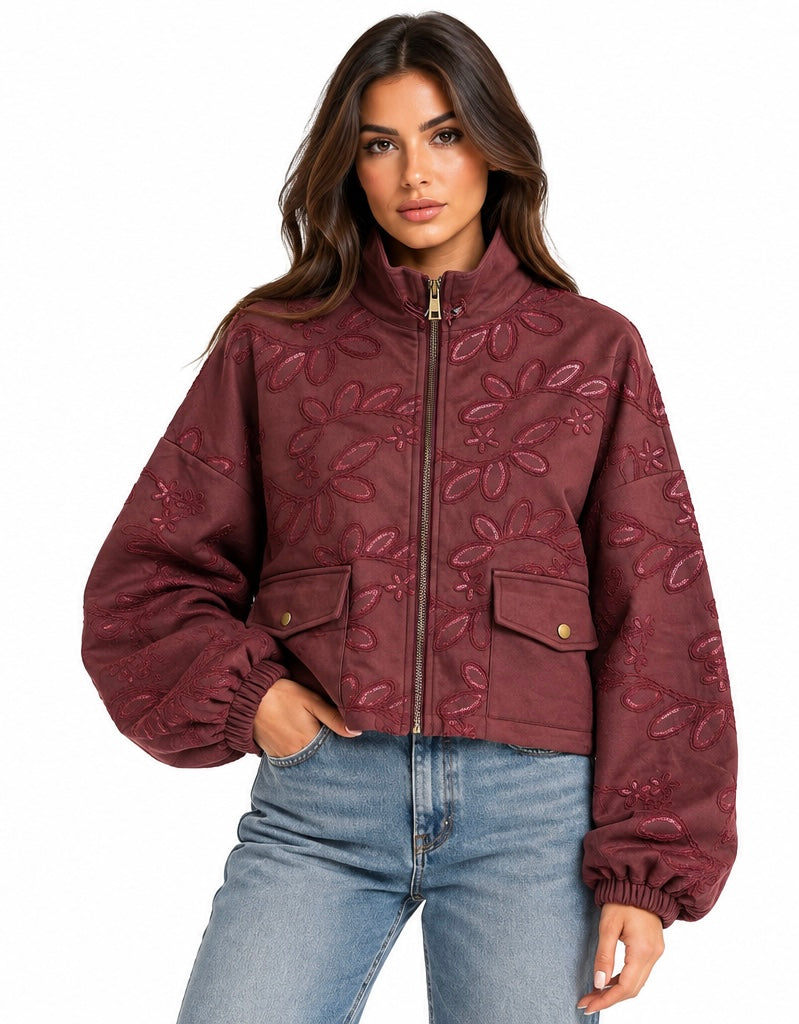Embroidered Suede Floral Bomber Jacket  ( Brown , Burgundy , Beige )