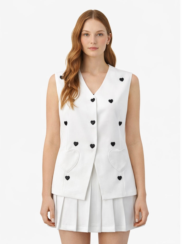 Heart Detail Vest & Pleated Skirt Set - Pink , White