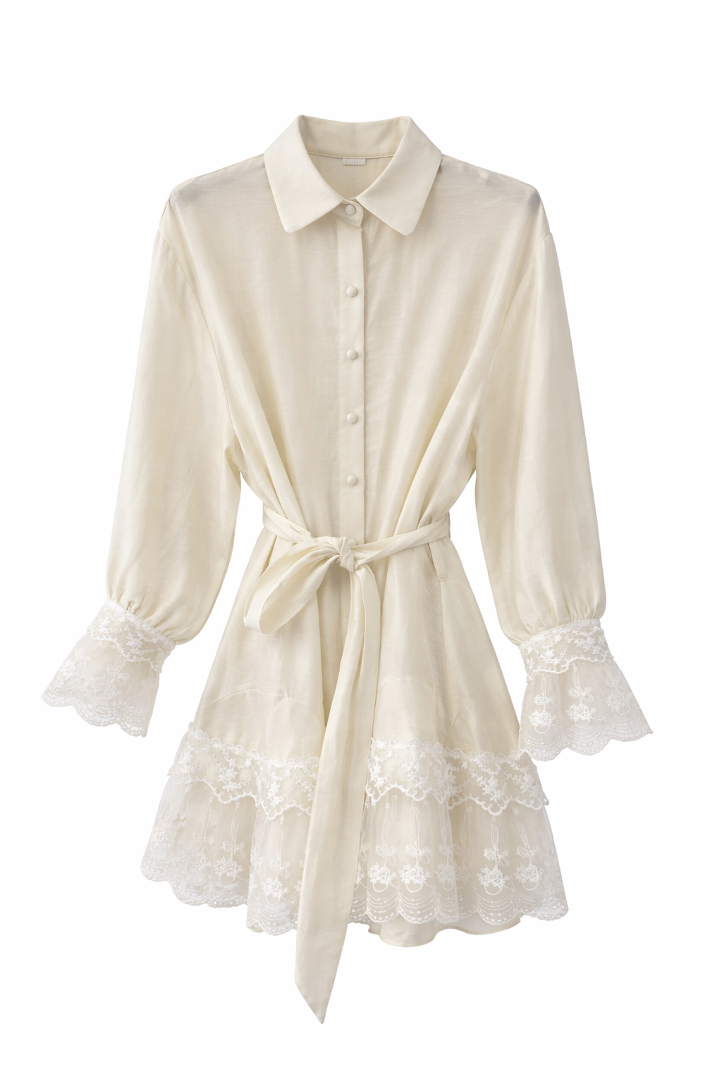 Lace Trim Belted Mini Dress - Light pink , Butter yellow , White