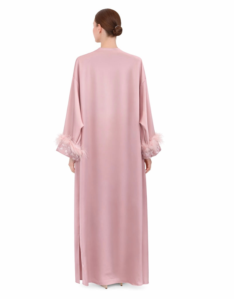 Blush Satin Feather-Trim Kimono