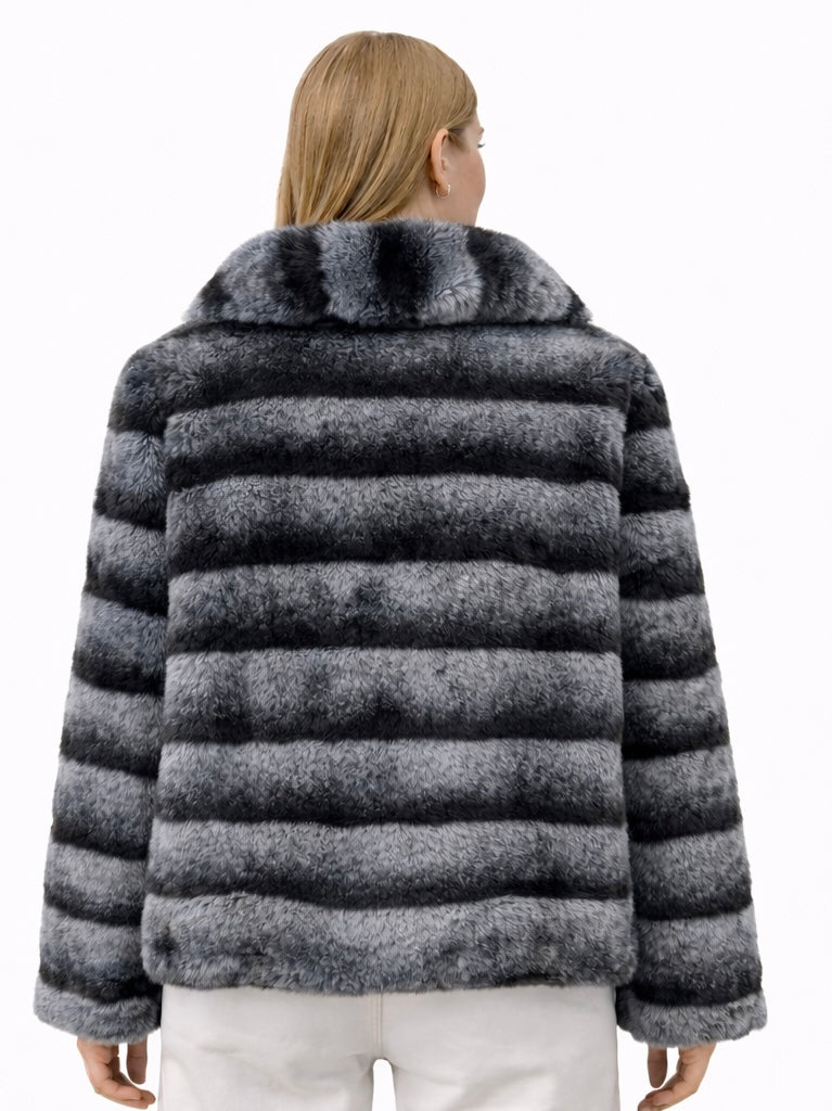 Striped Eco Fur Jacket with Wide Collar – Black White