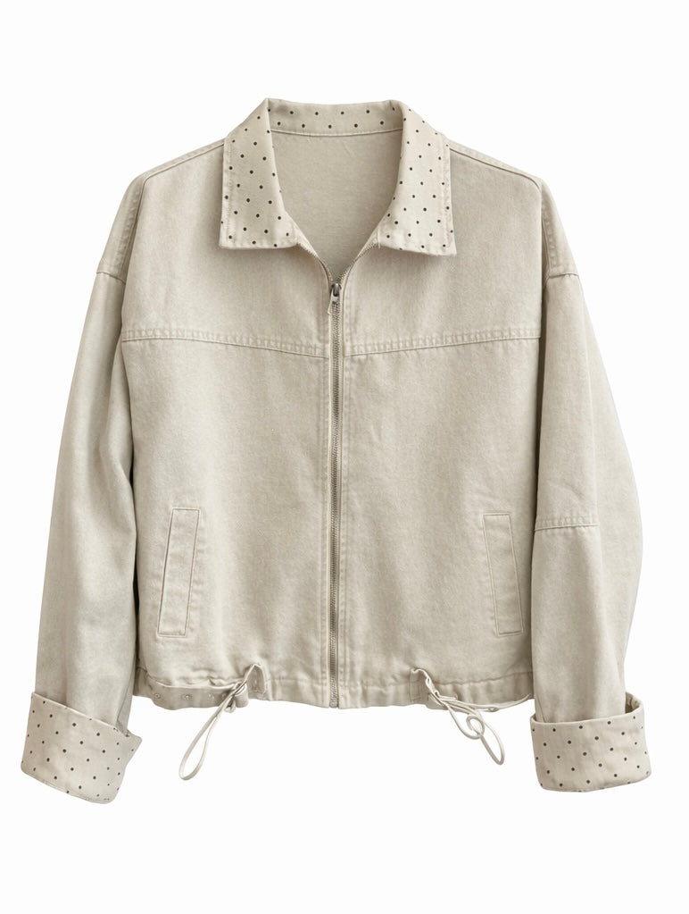 Casual Beige Zip-Up Jacket with Polka Dot