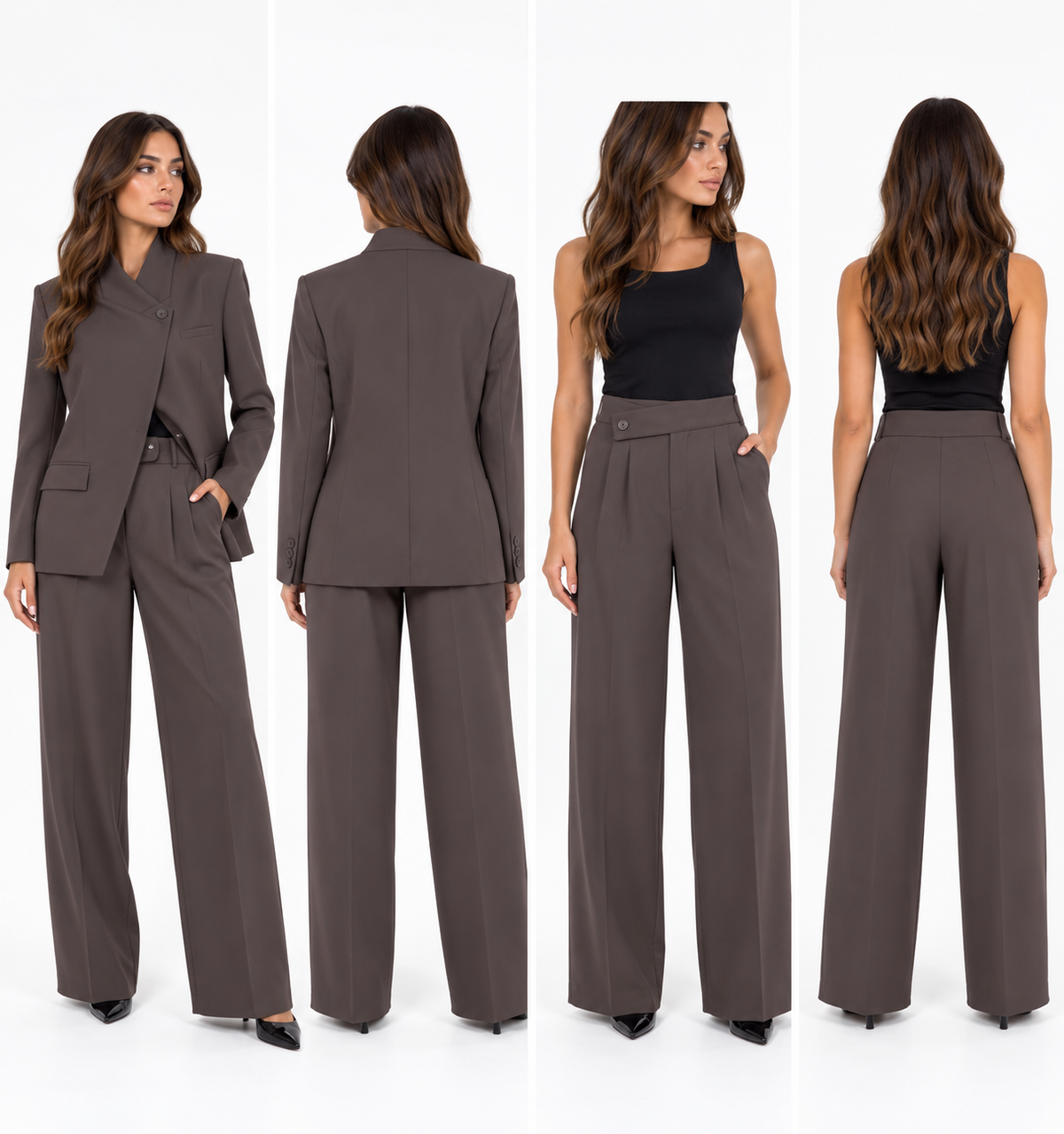 Tailored Wide-Leg Suit Set ( Plum , Brown )