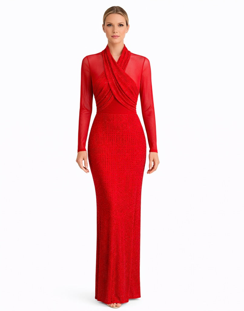 Red Crimson Crystal Mesh Evening Gown