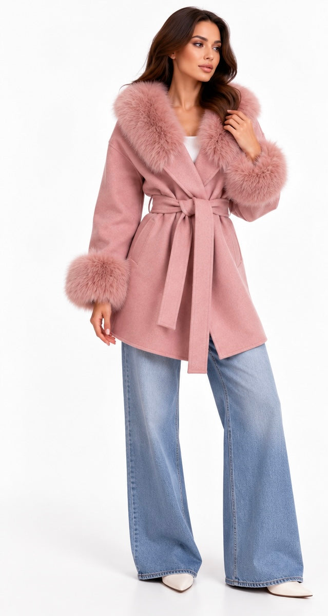 Fur-Trimmed Wrap Coat ( Blush , Icy Blue , Grey , Black , Brown , Burgundy )