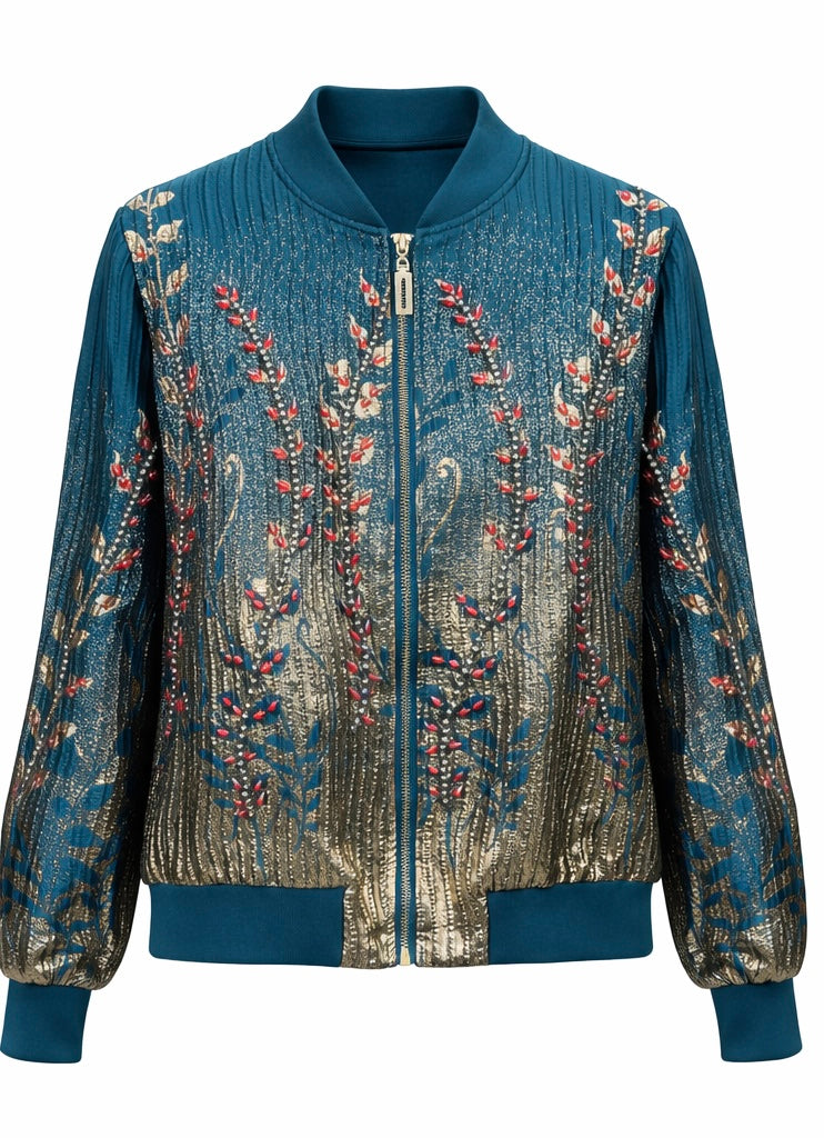 Luxury Teal & Gold Floral Embroidered Bomber Jacket