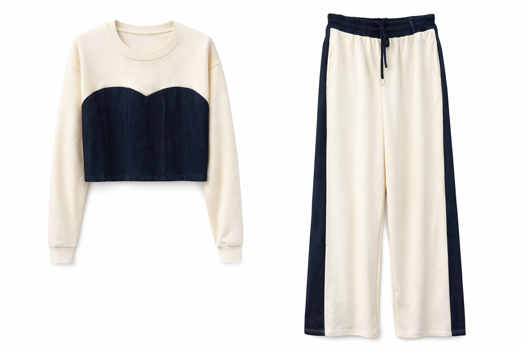 Cream & Indigo Corset-Style Two-Piece Set