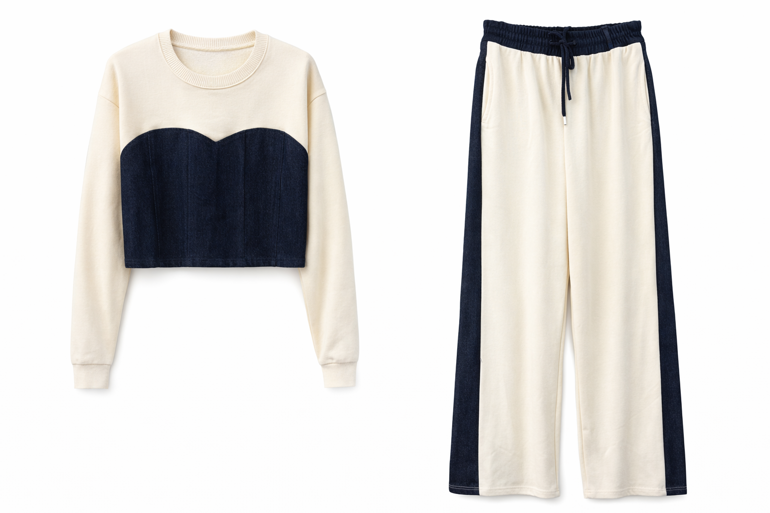 Cream & Indigo Corset-Style Two-Piece Set