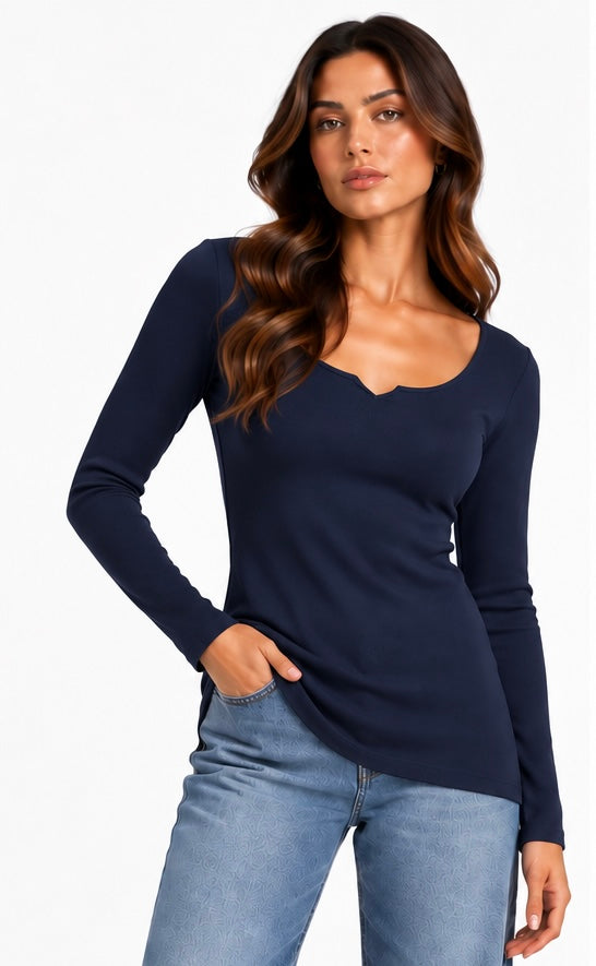V-Neck Long Sleeve Top ( White , Black , Beige , Navy )
