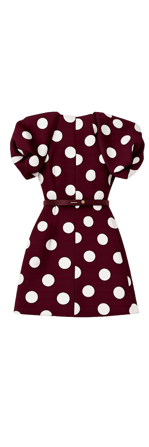 Burgundy Polka Dot Puff Sleeve Mini Dress