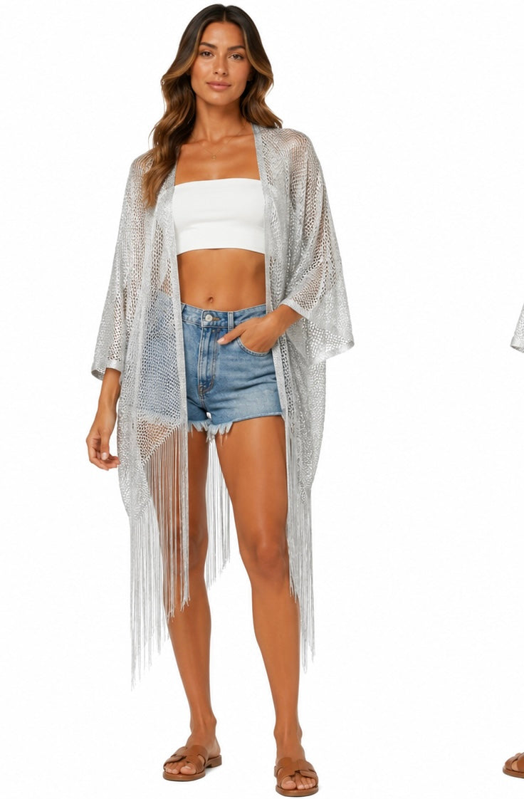 Shimmer Fringe Kimono ( Pink gold , Brown , Gold , Silver black , Silver , Black )