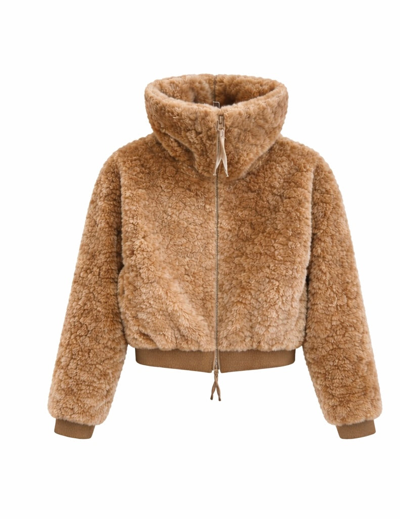 Faux Shearling Zip-Up Jacket with High Funnel Neck