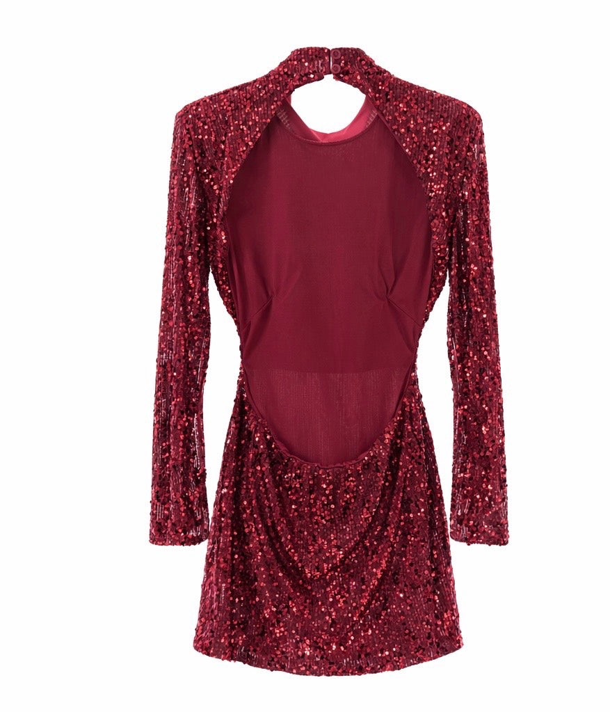 Red Sequin High-Neck Backless Mini Dress