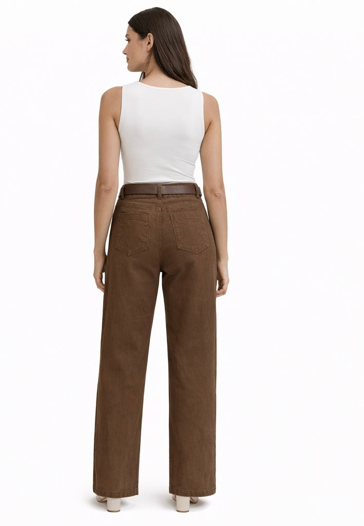 High-Waisted Straight-Leg Pants with Belt – Brown
