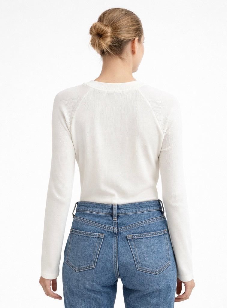 Ribbed Long-Sleeve Embellished Bodysuit – White