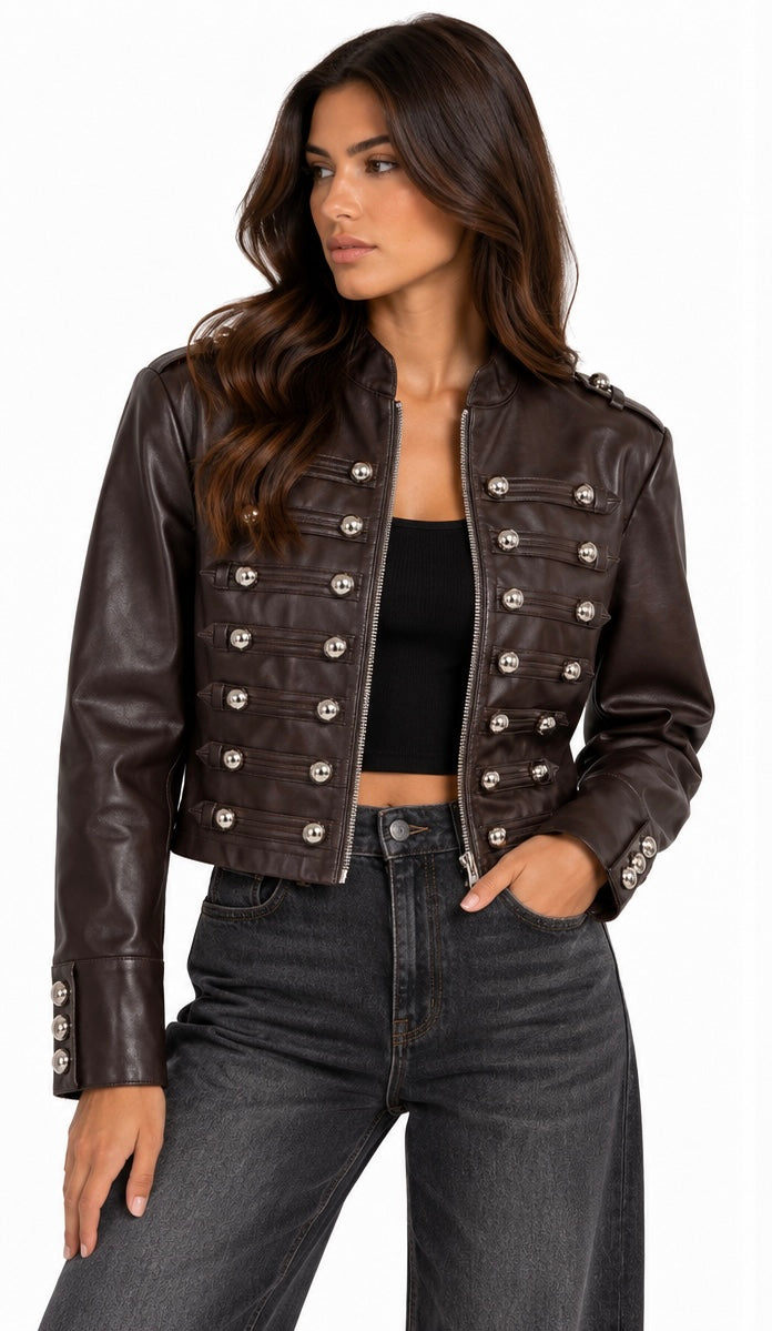 Chocolate Leather Military Jacket