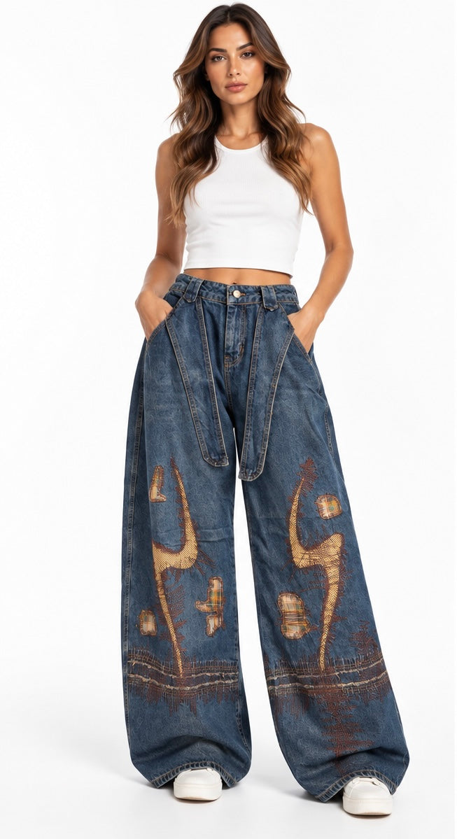 Graphic Wide-Leg Denim Jeans