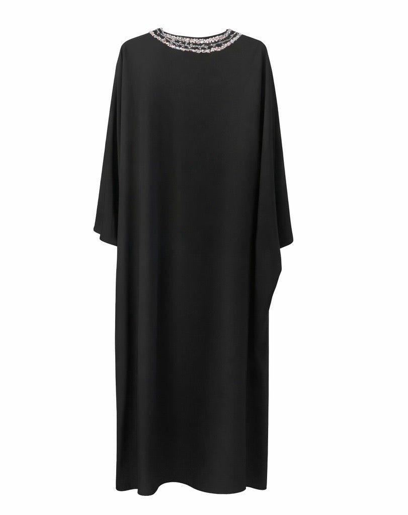 Beaded Neckline Black Kaftan Dress