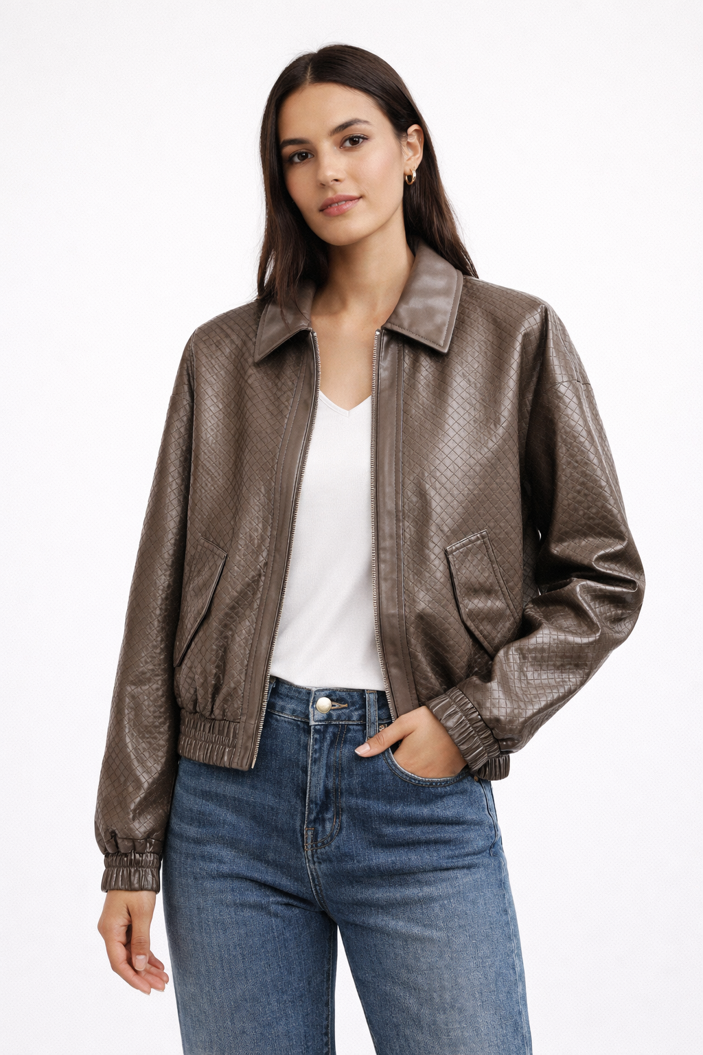 Textured Leather Bomber Jacket