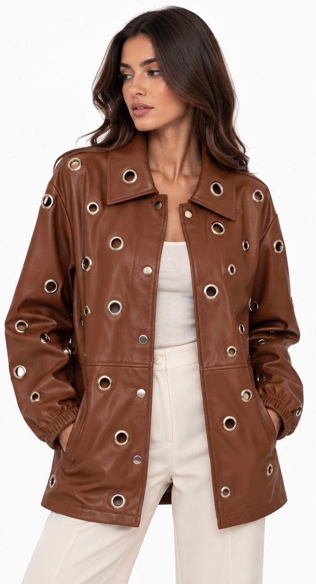 Grommet Detail Faux Leather Jacket