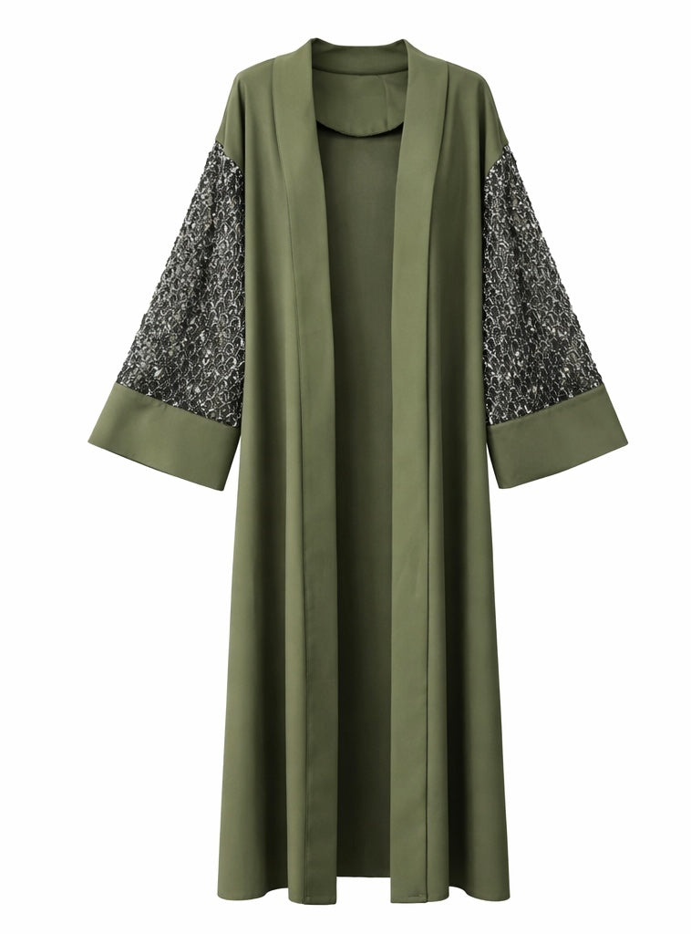 Premium Olive Green Open Abaya with Sheer Sleeve Design