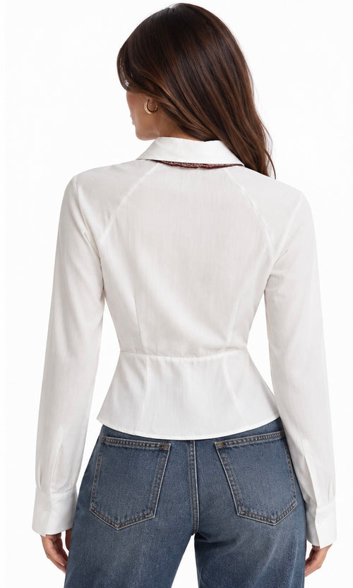 Belted Tie-Neck Peplum Shirt