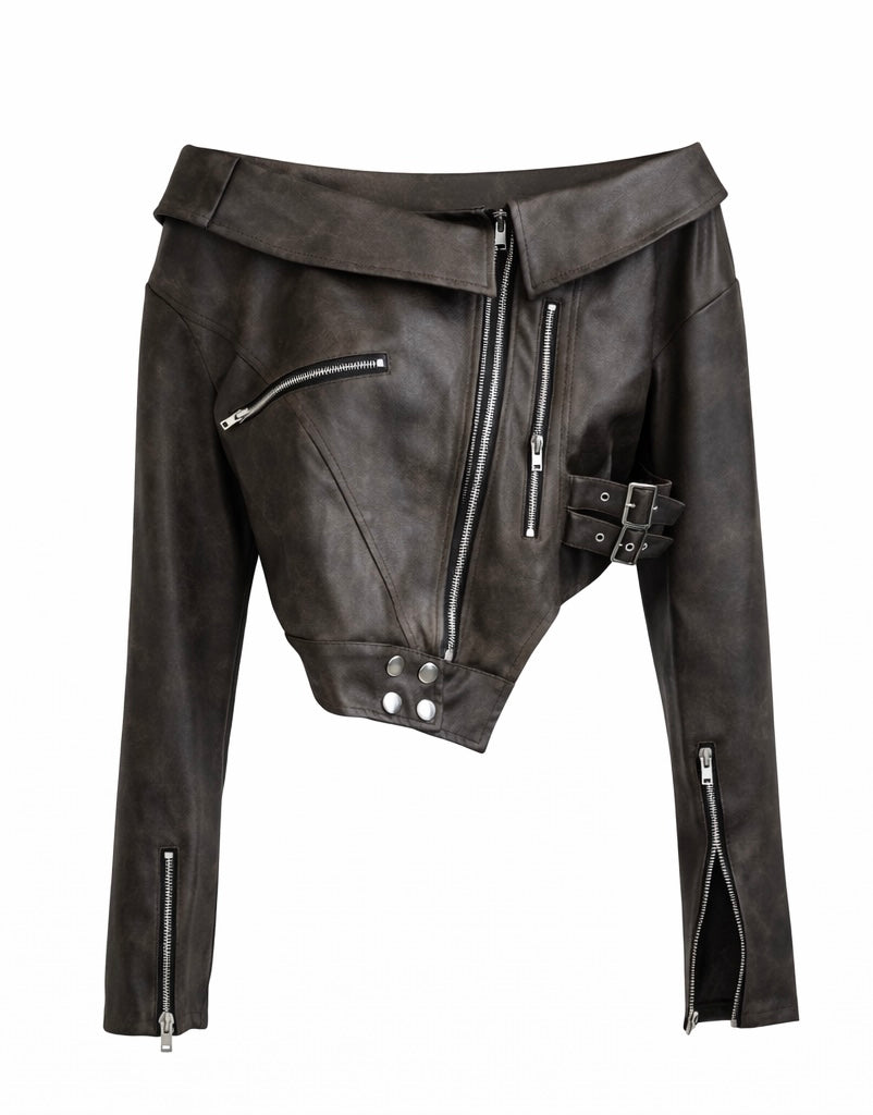 Off-Shoulder Cropped Faux Leather Biker Jacket – Dark Brown