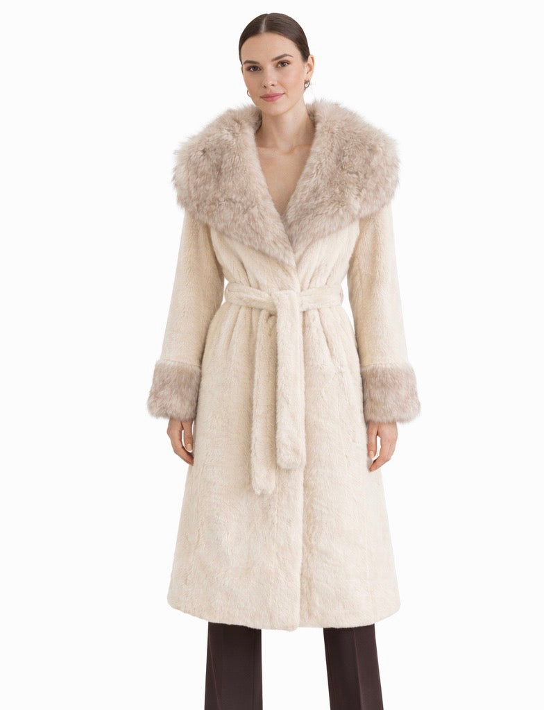 Ivory Faux Fur Long Coat with Plush Collar