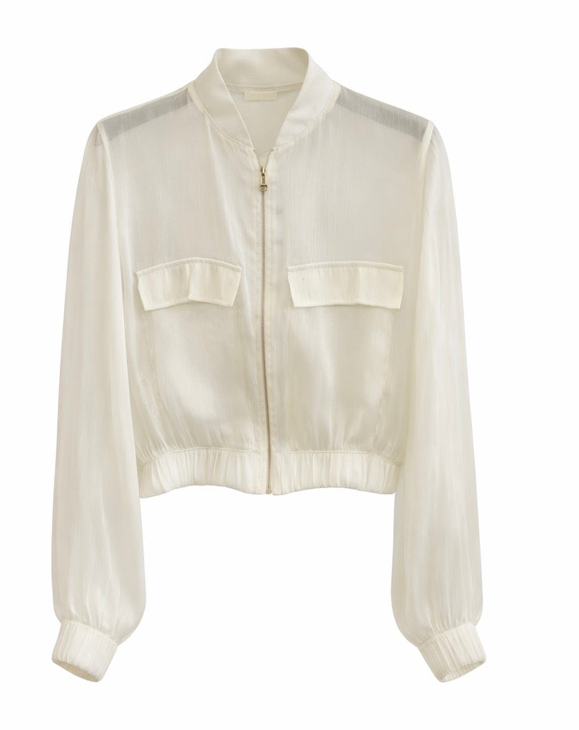 Sheer Ivory Cropped Zip Jacket