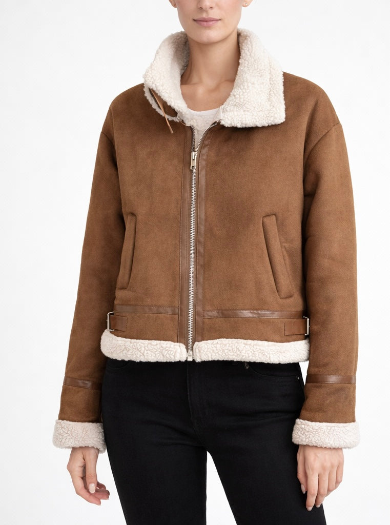 Faux Shearling Aviator Jacket – Brown